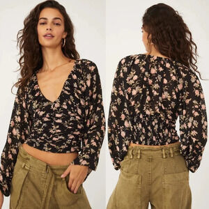 Free People Black Floral New Final Rose Cropped Shirred Blouse Top Size Small